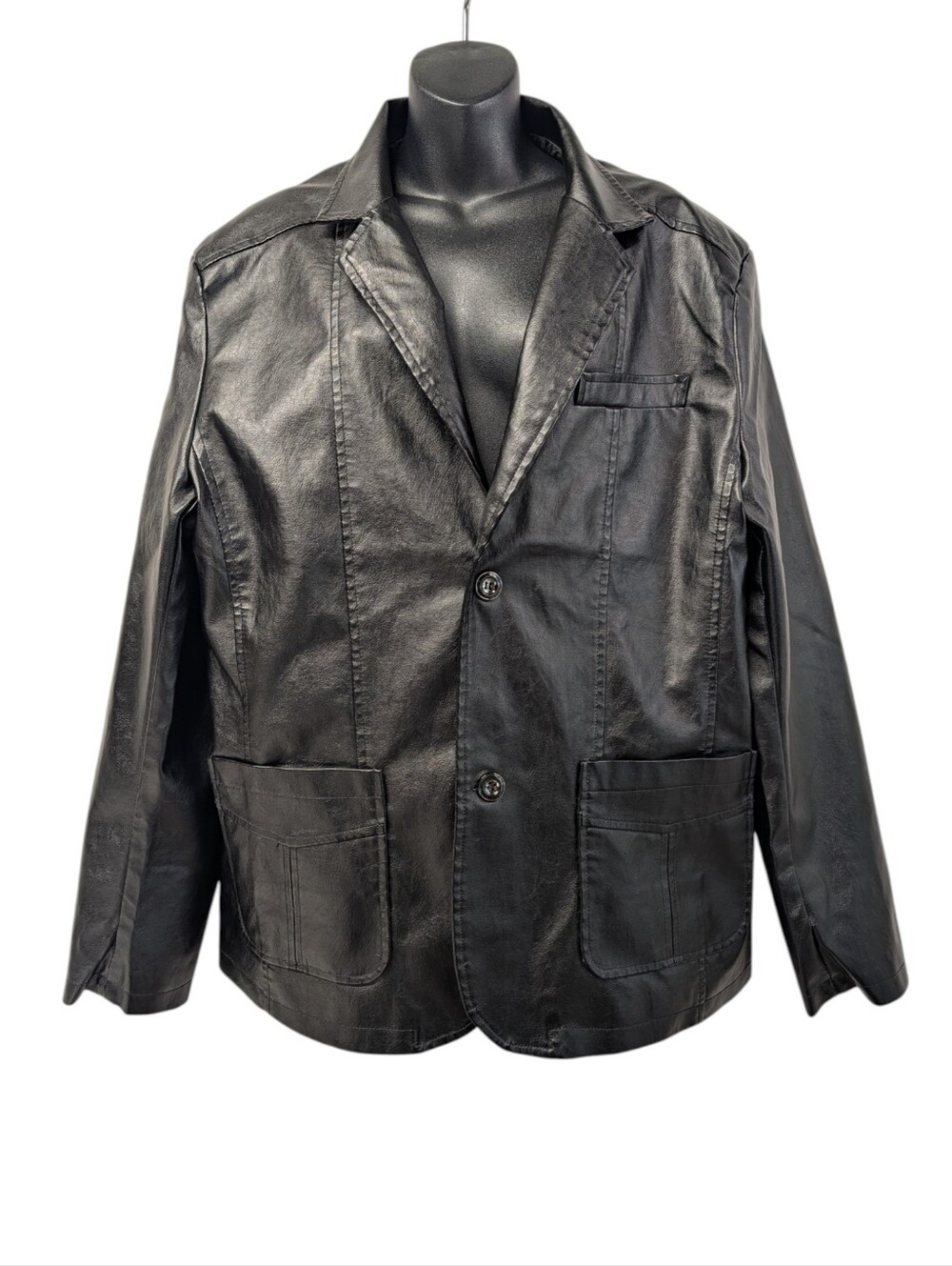 Black Faux Leather Blazer Jacket Women L Button Front Lined Moto Blazer Pockets